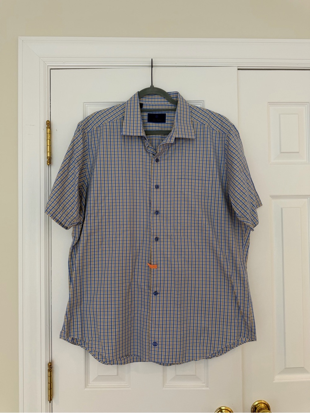 David Donahue Short-Sleeve Checked Button-Down Shirt in Blue and Tan